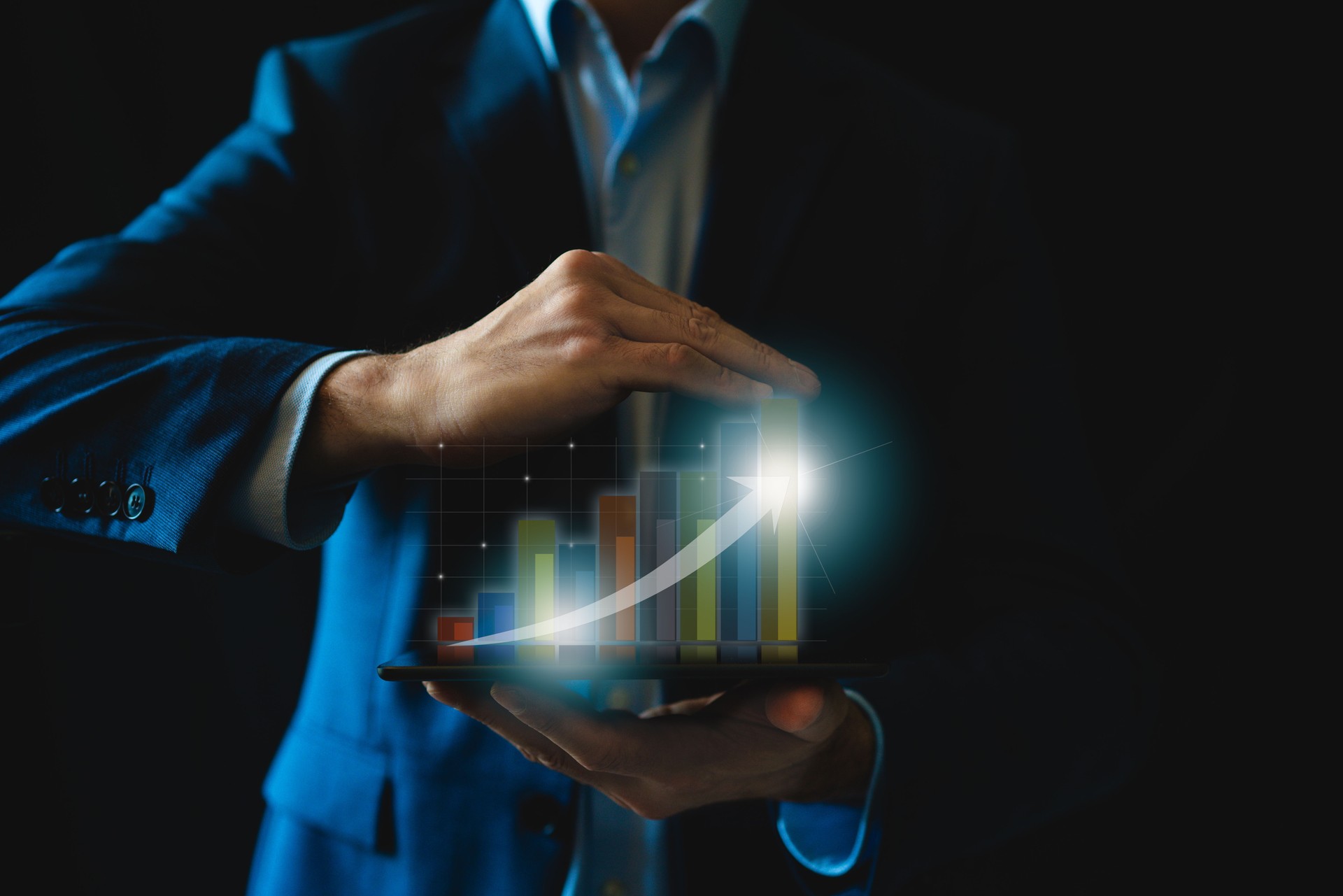 Business man. Growth and development chart bar graph. Planning, long term investment, opportunity, challenge and business strategy.