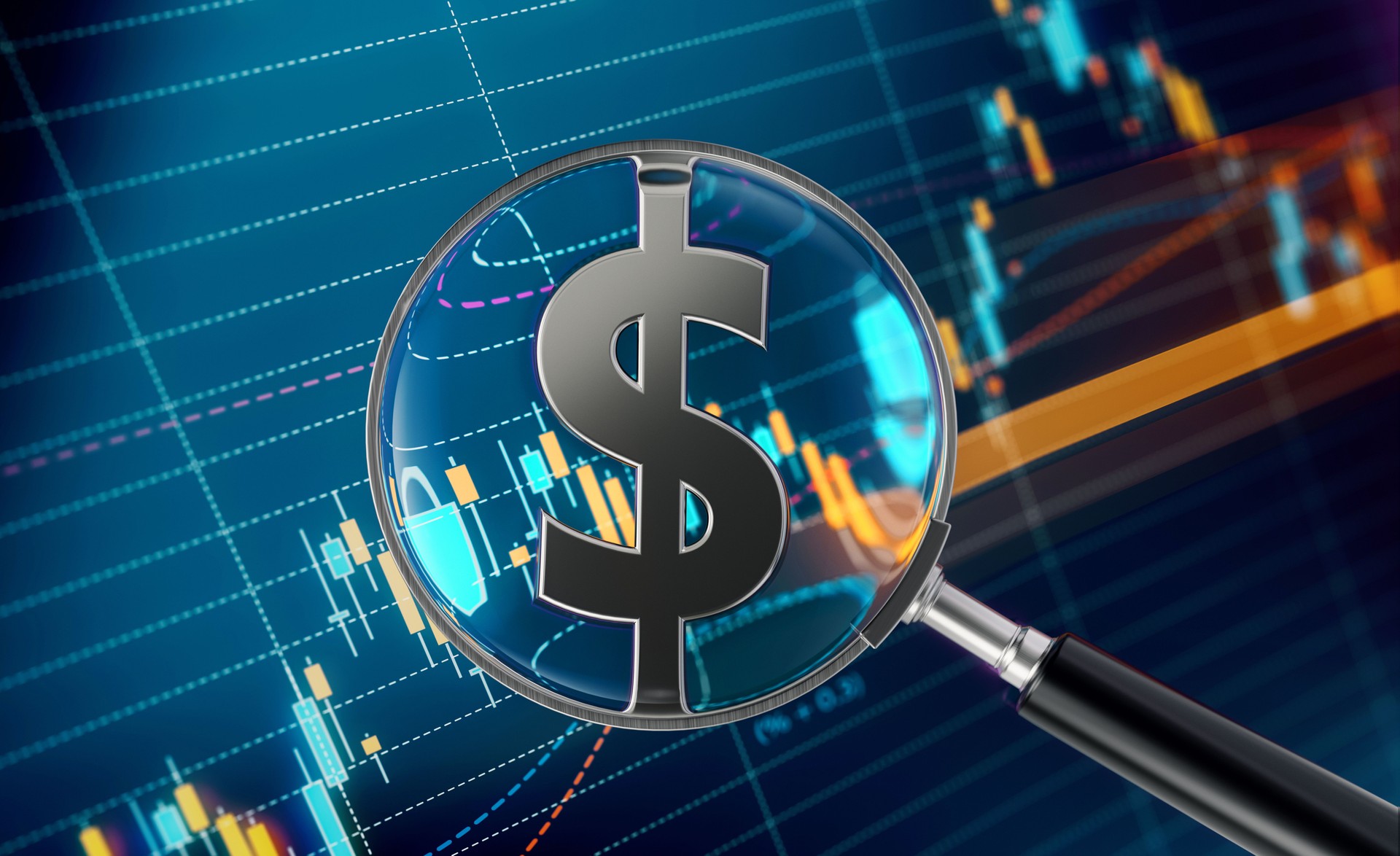 Magnifier Focusing On American Dollar Sign And  Financial Analysis Graph